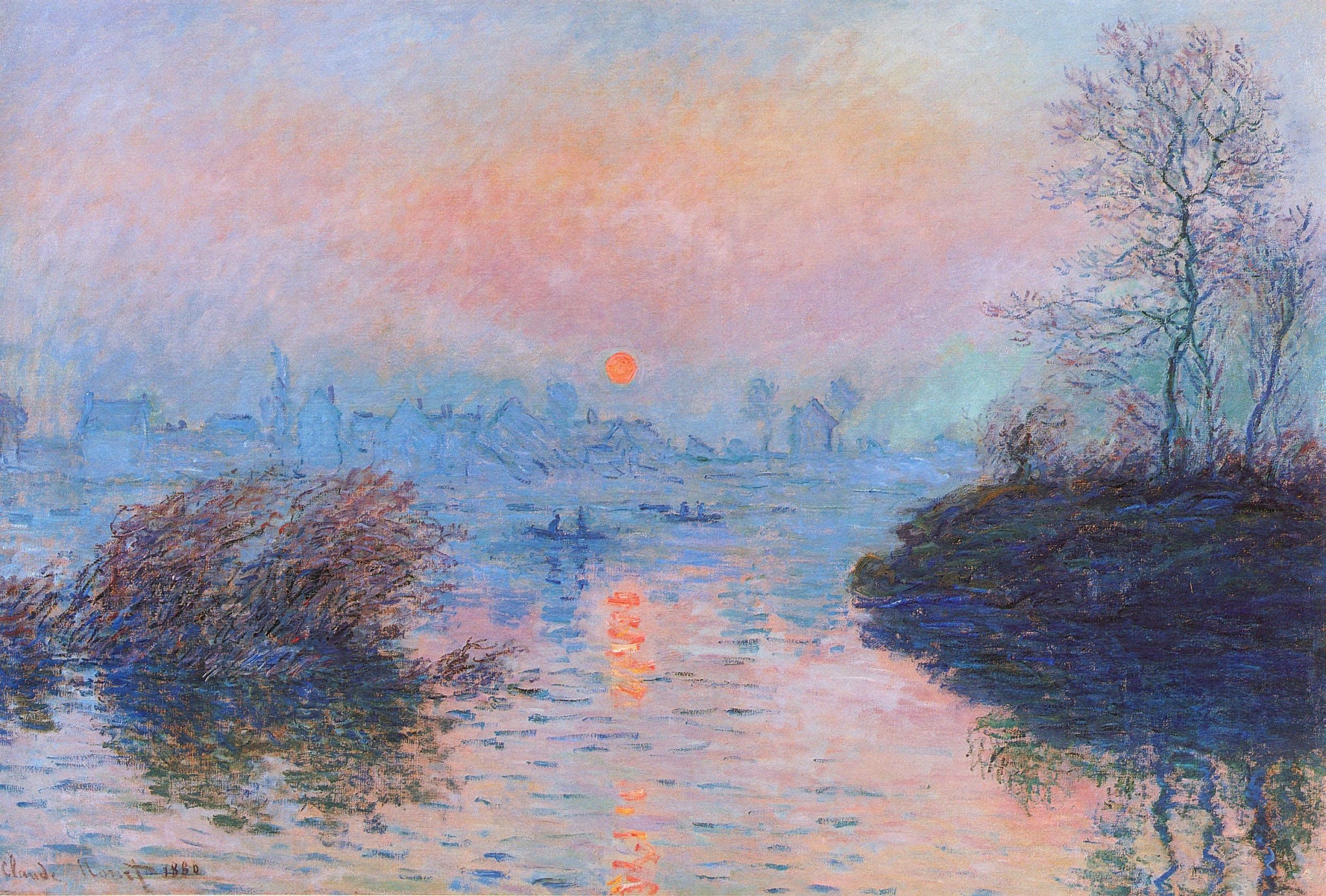 Sunset on the Seine at Lavacourt, Winter Effect, 1880 by Claude Monet. Claude Monet artworks, monet canvas art, monet oil painting, monet reproduction for sale. Landscape paintings, Monet art decor, monet oil painting on canvas, Blue Surf Art