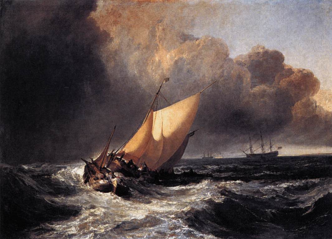 Dutch Boats in a Gale by J. M. W. Turner. Turner artworks, Turner canvas art, J. M. W. Turner oil painting, Turner reproduction for sale. Landscape paintings, Turner art decor, Turner oil painting on canvas, Blue Surf Art