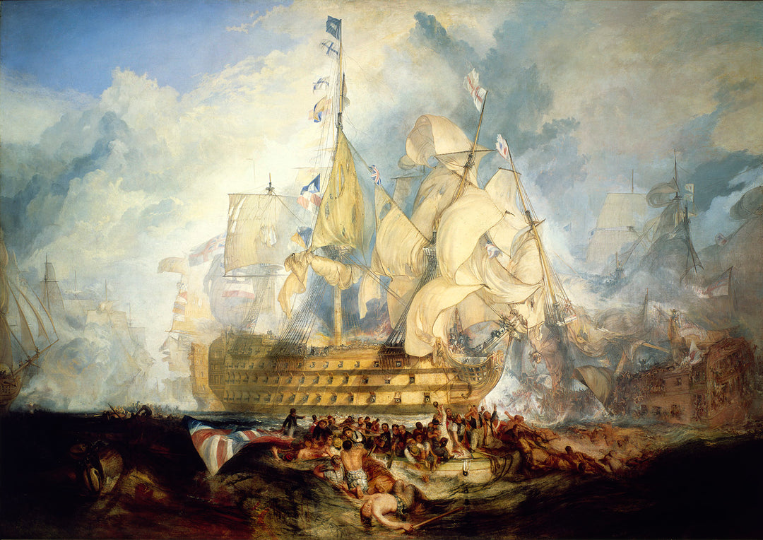 The Battle of Trafalgar by J. M. W. Turner. Turner artworks, Turner canvas art, J. M. W. Turner oil painting, Turner reproduction for sale. Landscape paintings, Turner art decor, Turner oil painting on canvas, Blue Surf Art