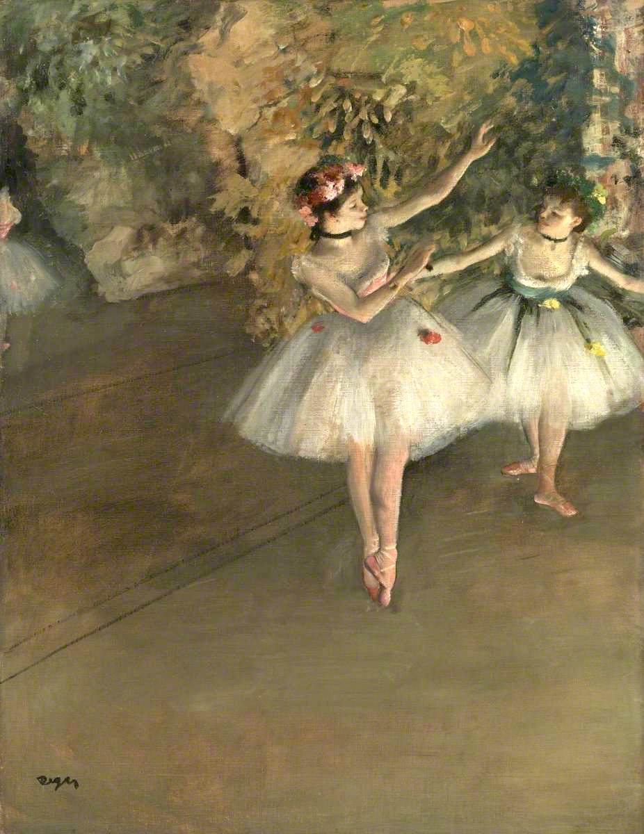 Two Dancers on a Stage Painting by Edgar Degas Reproduction Oil on Canvas - blue surf art .com
