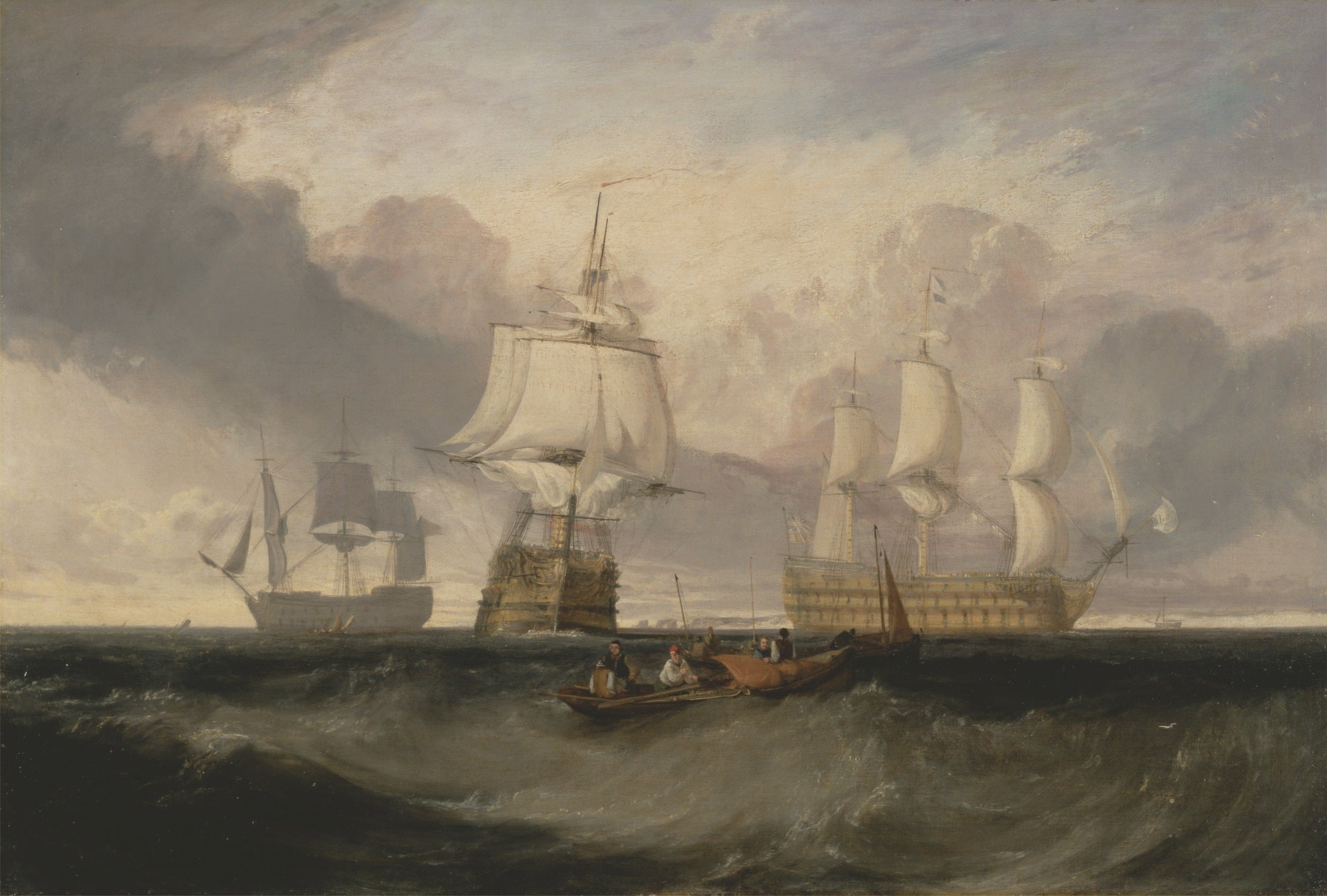 The Victory Returning from Trafalgar, in Three Positions by J. M. W. Turner. Seascape painting, Turner artworks, Turner canvas art, J. M. W. Turner oil painting, Turner reproduction for sale. Landscape paintings, Turner art decor, Turner oil painting on canvas, Blue Surf Art