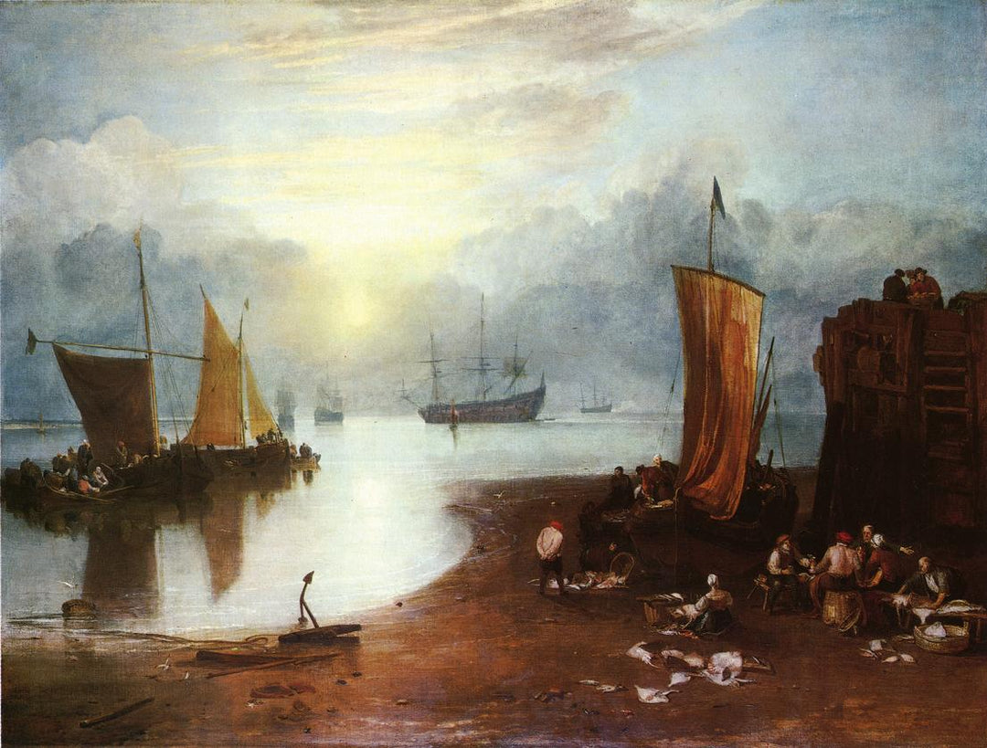 Sun Rising through Vagour Fishermen Cleaning and Sellilng Fish by J. M. W. Turner. Seascape painting, Turner artworks, Turner canvas art, J. M. W. Turner oil painting, Turner reproduction for sale. Landscape paintings, Turner art decor, Turner oil painting on canvas, Blue Surf Art