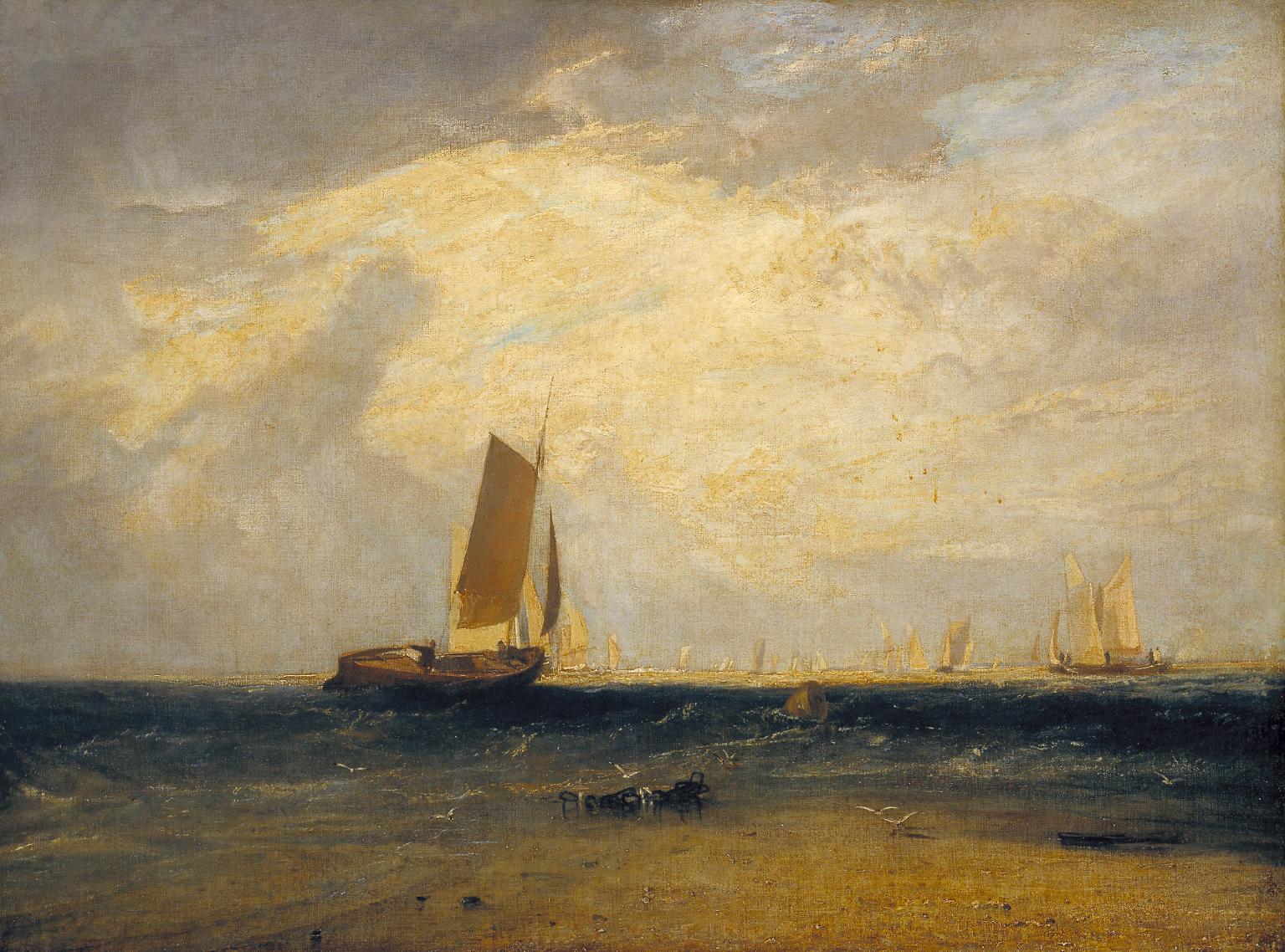 Fishing upon the Blythe-Sand, Tide Setting In by J. M. W. Turner. Seascape painting, Turner artworks, Turner canvas art, J. M. W. Turner oil painting, Turner reproduction for sale. Landscape paintings, Turner art decor, Turner oil painting on canvas, Blue Surf Art