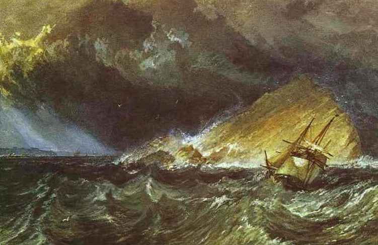 The Mew Stone at the Entrance of Plymouth Sound by J. M. W. Turner. Seascape painting, Turner artworks, Turner canvas art, J. M. W. Turner oil painting, Turner reproduction for sale. Landscape paintings, Turner art decor, Turner oil painting on canvas, Blue Surf Art