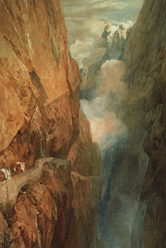 The Passage of Mount St Gothard, Taken from the Centre of the Teufels Broch, Devil’s Bridge, Switzerland by J. M. W. Turner. Seascape painting, Turner artworks, Turner canvas art, J. M. W. Turner oil painting, Turner reproduction for sale. Landscape paintings, Turner art decor, Turner oil painting on canvas, Blue Surf Art