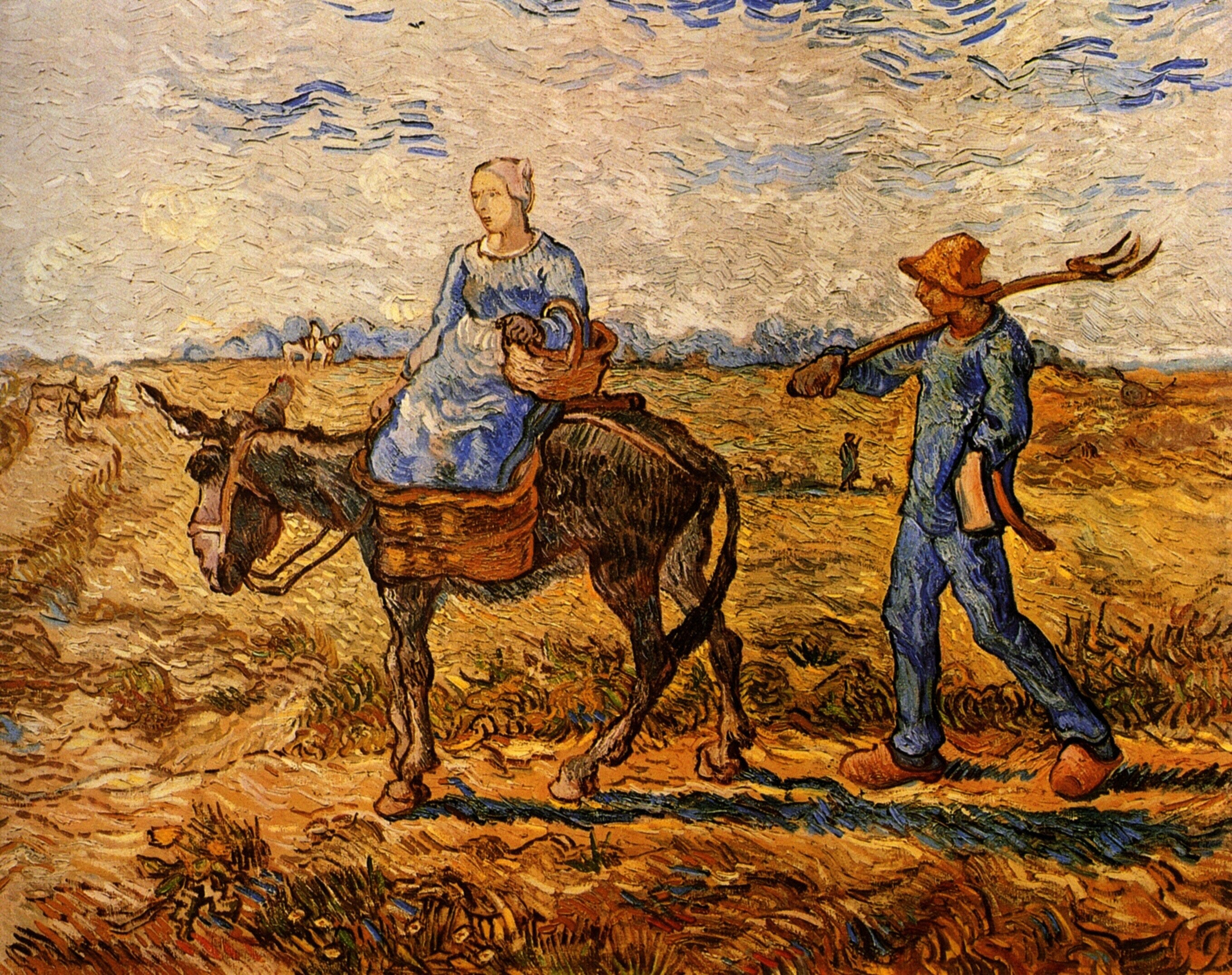 Morning: Peasant Couple Going to Work after Jean-Francois Millet 1890 by Van Gogh Reproduction for Sale - Blue Surf Art