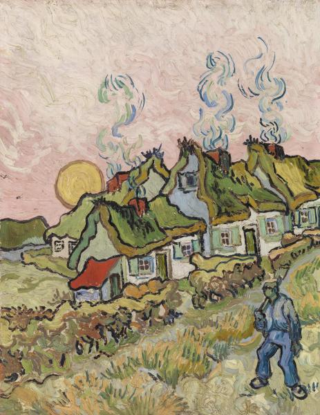 Thatched Cottages in the Sunshine: Reminiscence of the North, 1890 by Van Gogh Reproduction for Sale - Blue Surf Art