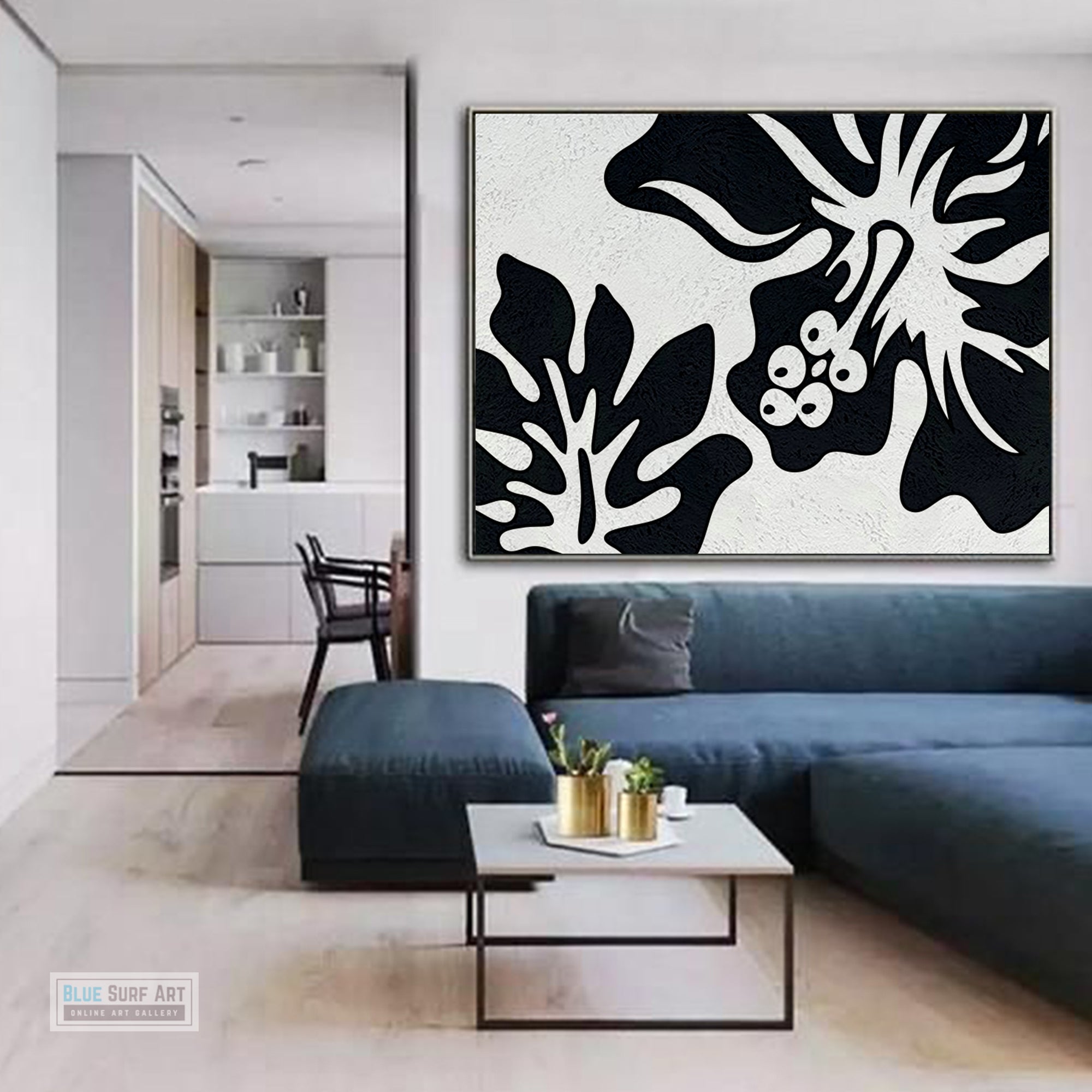 Oversized Black and White Abstract Canvas Wall Art, Original Oil Painting, Floral Living Room Wall Art Decor no. 28