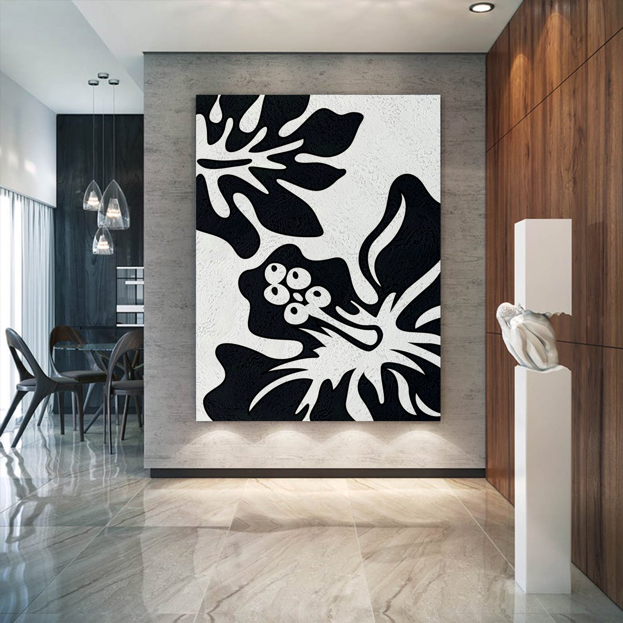 Oversized Black and White Abstract Canvas Wall Art, Original Oil Painting, Floral Living Room Wall Art Decor no. 28