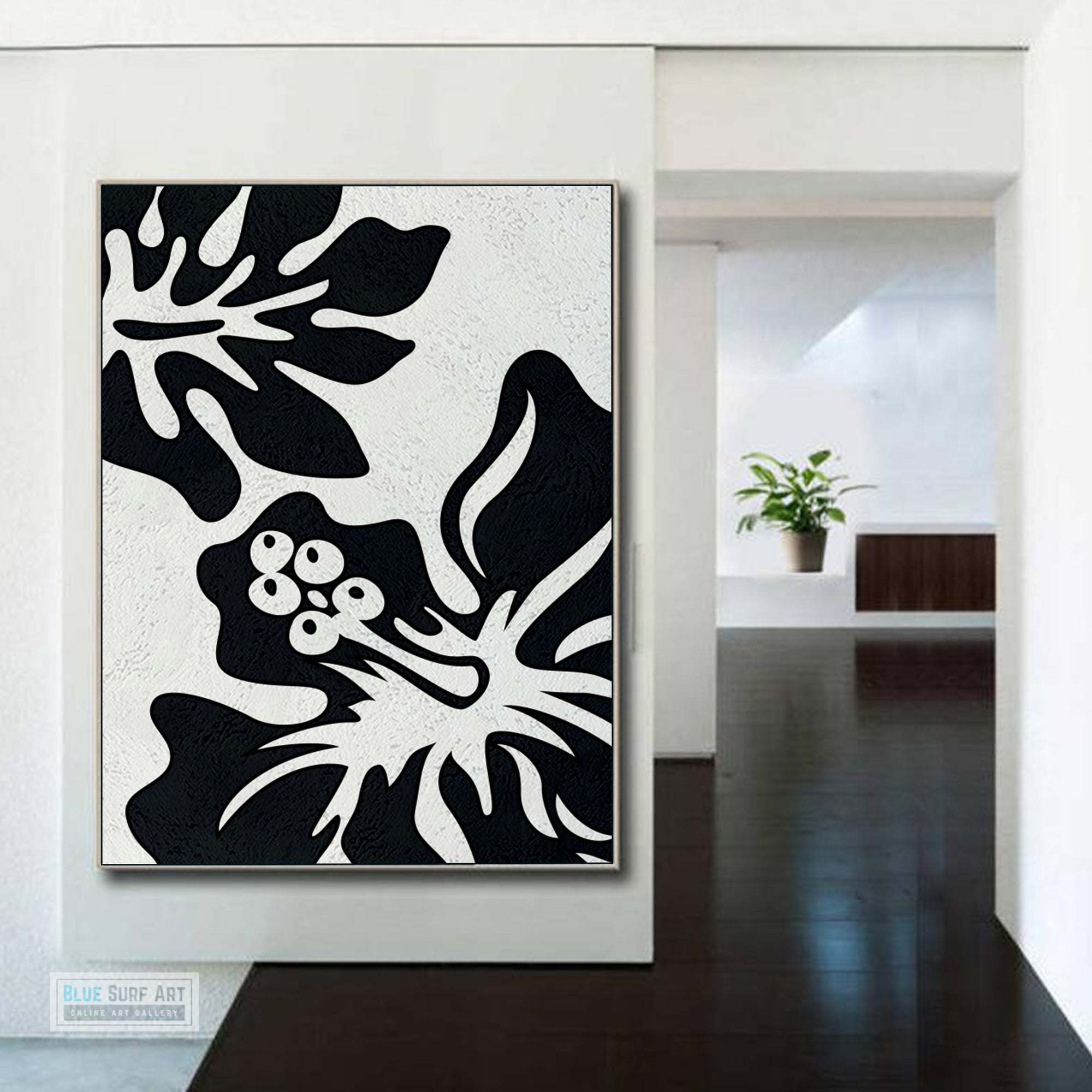 Oversized Black and White Abstract Canvas Wall Art, Original Oil Painting, Floral Living Room Wall Art Decor no. 28