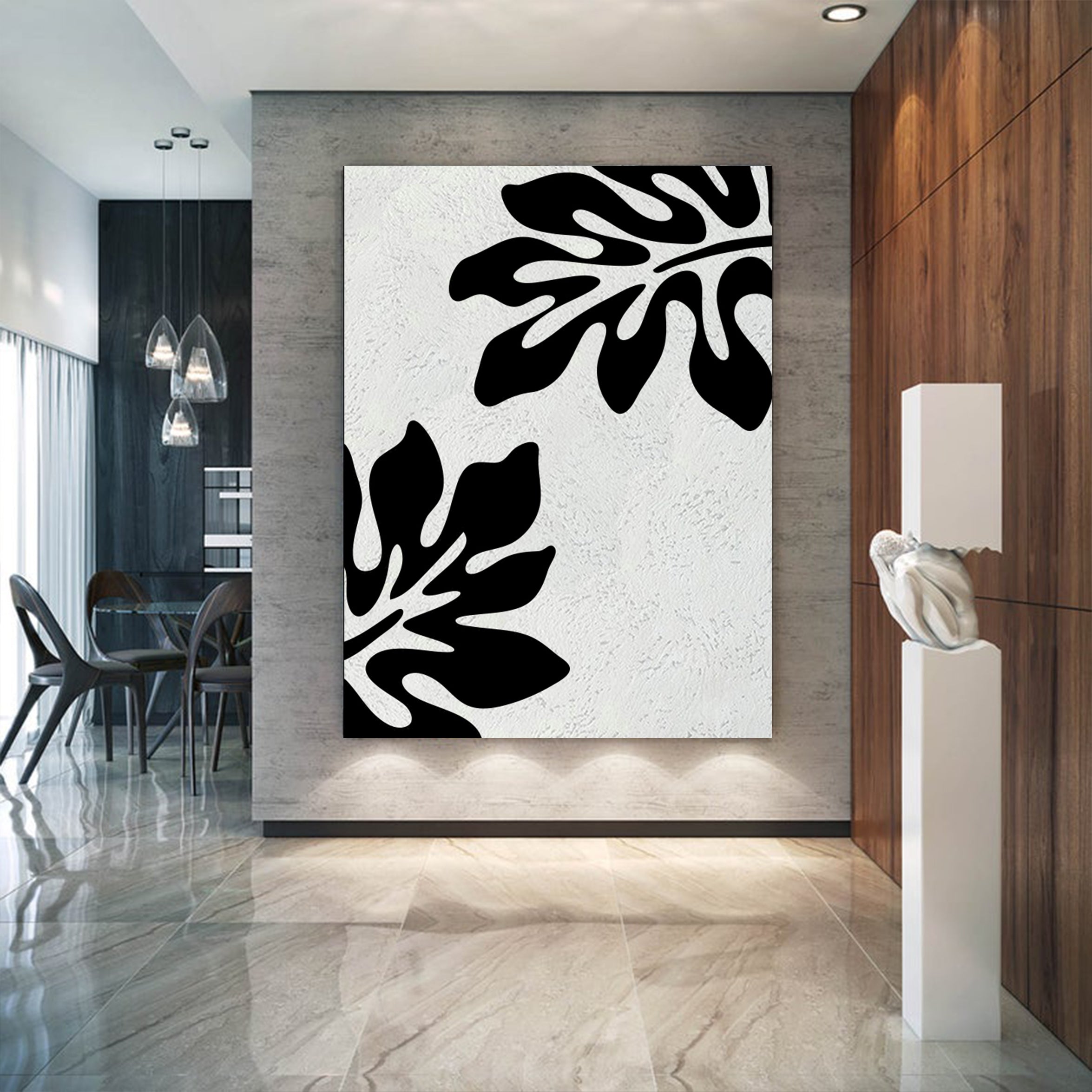Minimalist Black and White Abstract Canvas Wall Art, Original Oil Painting, Floral Art, Living Room Wall Art Decor no. 30