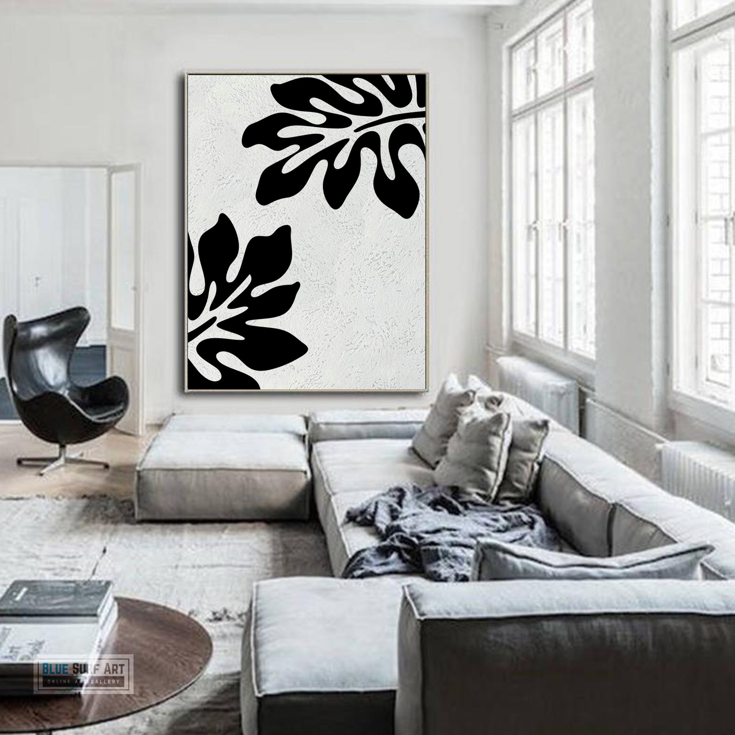 Minimalist Black and White Abstract Canvas Wall Art, Original Oil Painting, Floral Art, Living Room Wall Art Decor no. 30