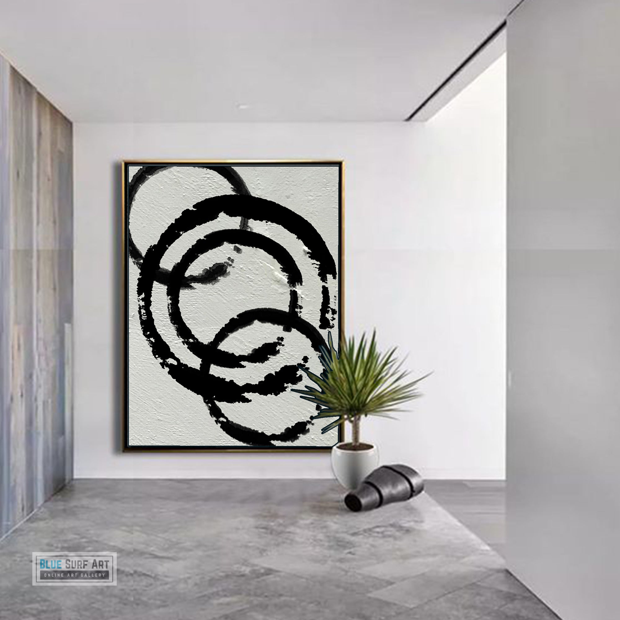 Modern Circle Abstract Canvas Wall Art, Original Oil Painting, Black and White Living Room Wall Art Decor no. 34