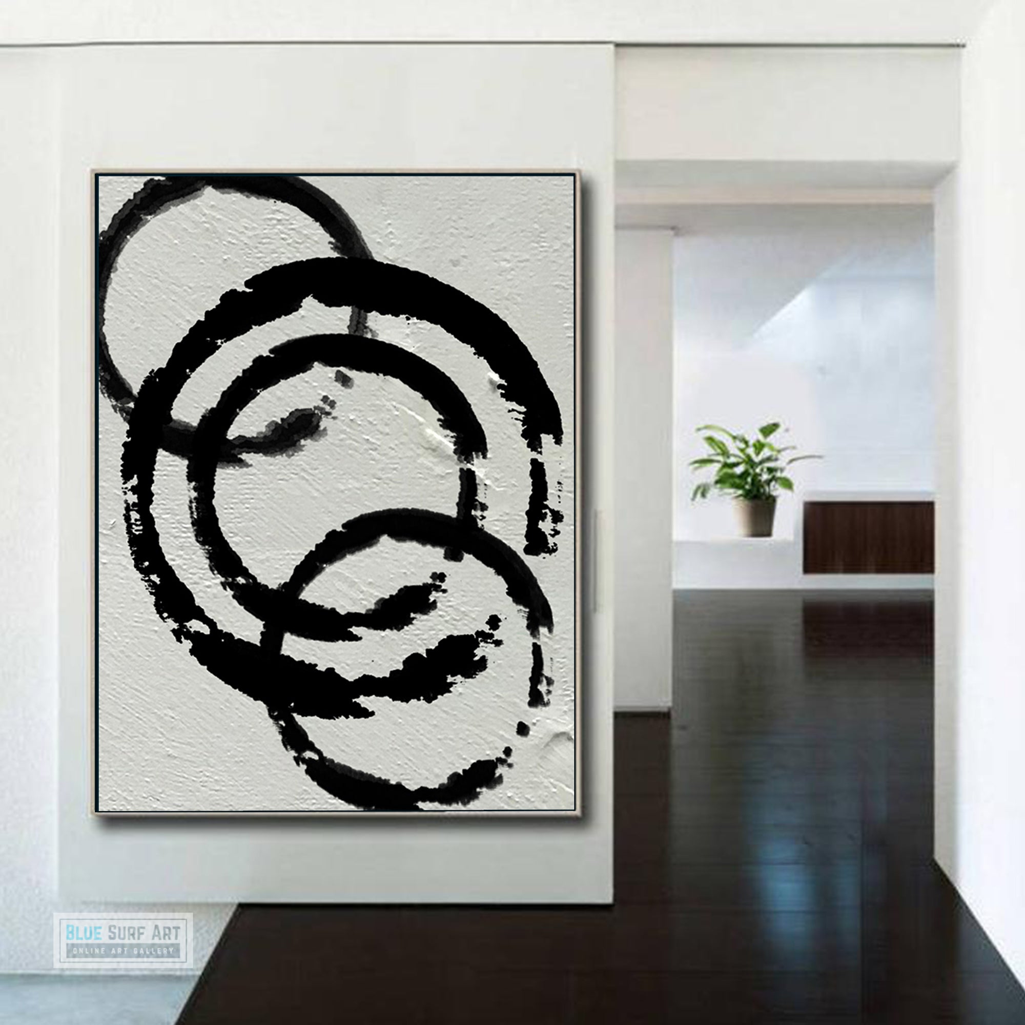 Modern Circle Abstract Canvas Wall Art, Original Oil Painting, Black and White Living Room Wall Art Decor no. 34