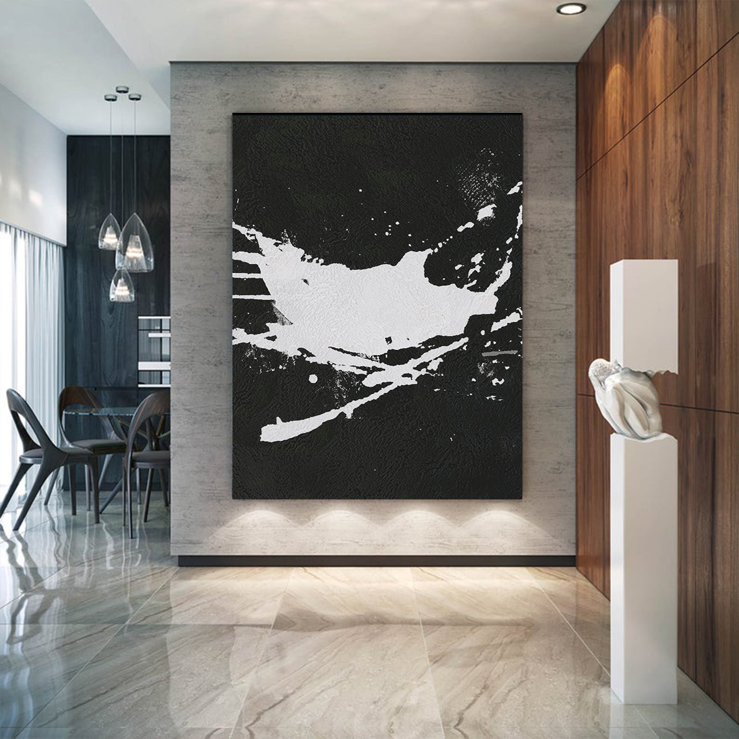 Oversized Abstract Canvas Wall Art, Original Oil Painting, Splash Black and White Living Room Wall Art Decor no. 46