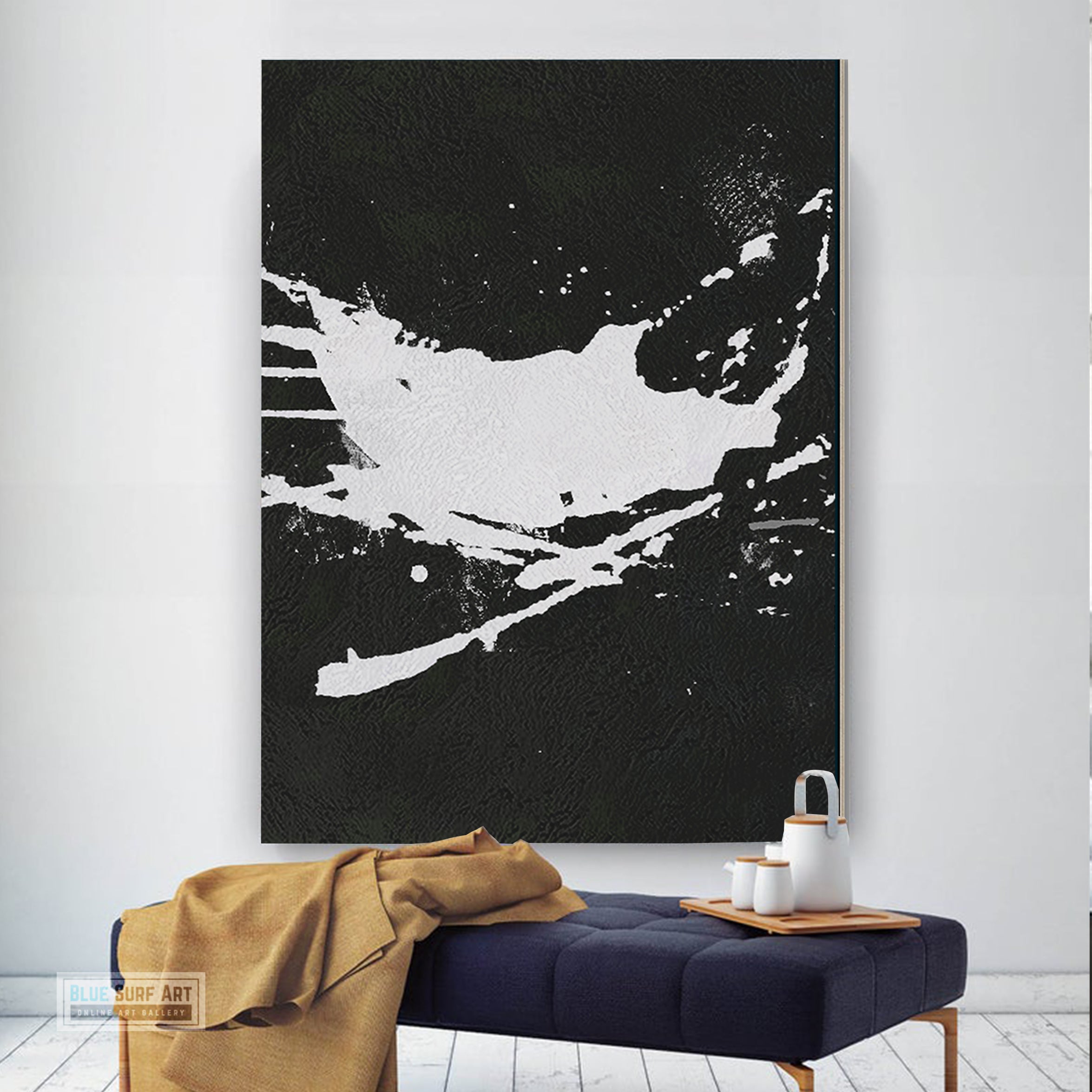 Oversized Abstract Canvas Wall Art, Original Oil Painting, Splash Black and White Living Room Wall Art Decor no. 46
