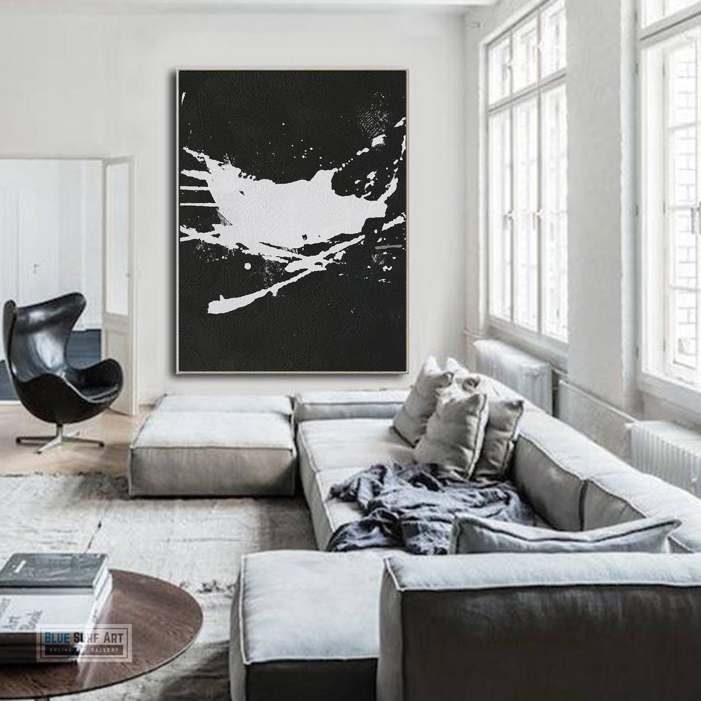 Oversized Abstract Canvas Wall Art, Original Oil Painting, Splash Black and White Living Room Wall Art Decor no. 46