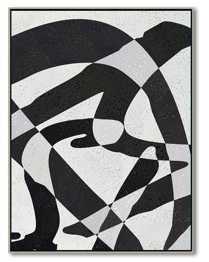 Modern Illusion Abstract Canvas Wall Art, Original Oil Painting, Black and White Living Room Wall Art Decor no. 58