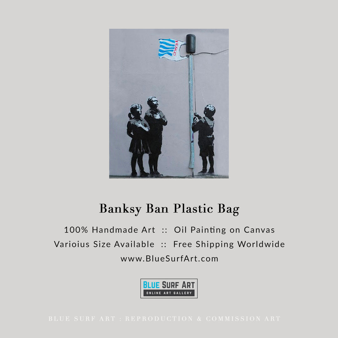 Banksy Ban Plastic Bag, Street Art Handmade Original Oil on Canvas by Blue Surf Art