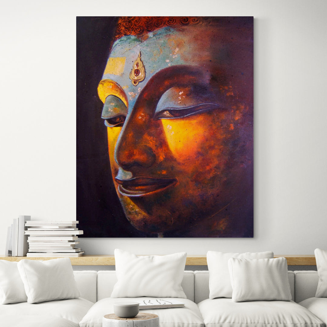 Asian Buddha Side Portrait Oil on Canvas in living room