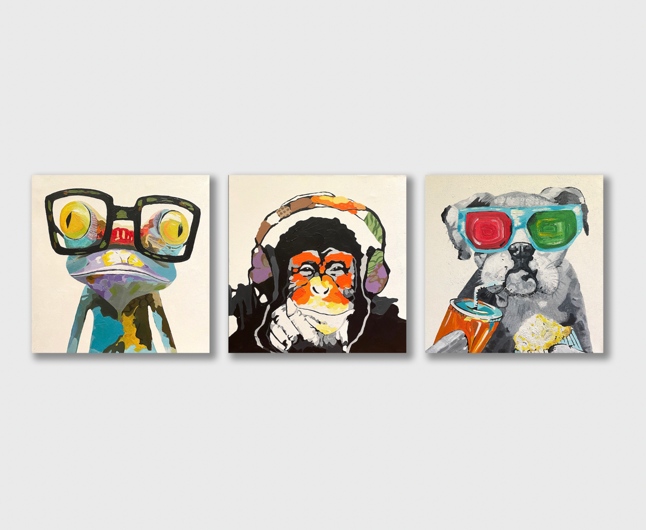 Frog Monkey and Puppy Wall Art Set 100% Hand Painted Oil Painting on Canvas - Wall Art Home Decor