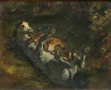 Horse Attacked by Lioness by Eugène Delacroix Reproduction Painting by Blue Surf Art