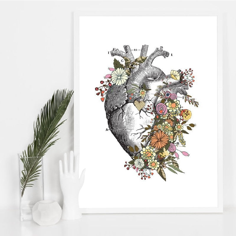Vintage Anatomy Floral Heart Canvas Art Print - Showcase