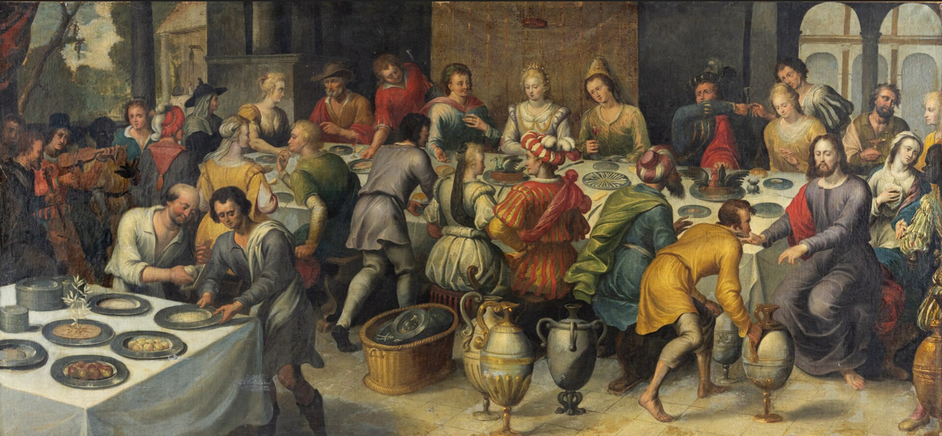 The Wedding at Cana by Adam van Noort – Hand-Painted Oil Painting Reproduction. Historical painting of a banquet scene with people around tables and a central figure holding an egg.