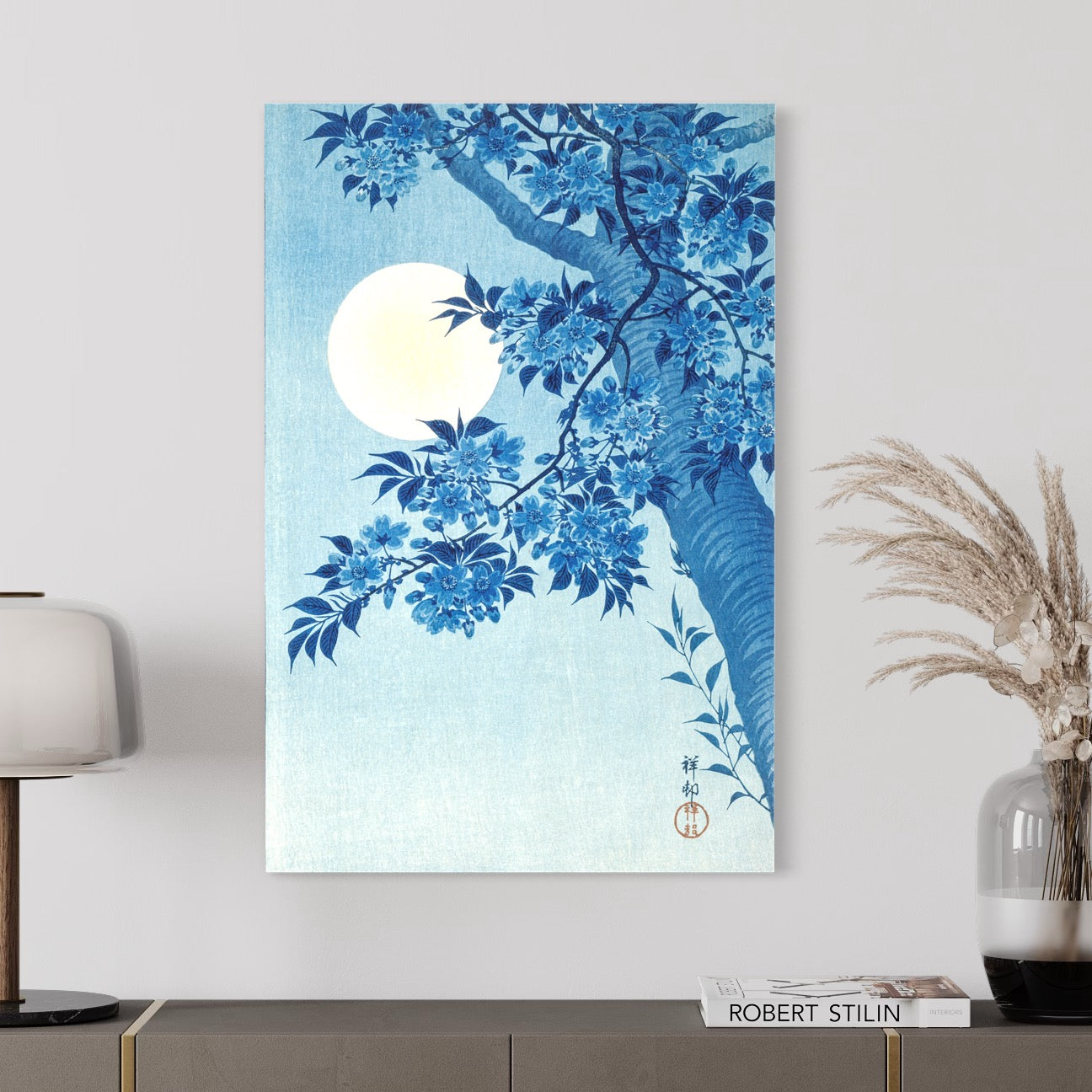 Blossoming Cherry on a Moonlit Night ca. 1932 Ohara Koson Reproduction. Blue Surf Art