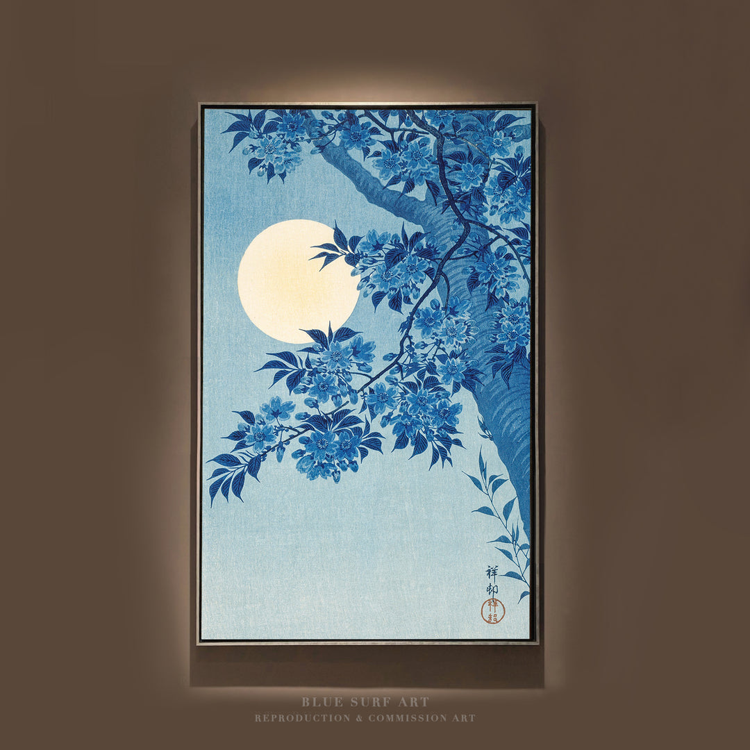 Blossoming Cherry on a Moonlit Night ca. 1932 Ohara Koson Reproduction. Blue Surf Art