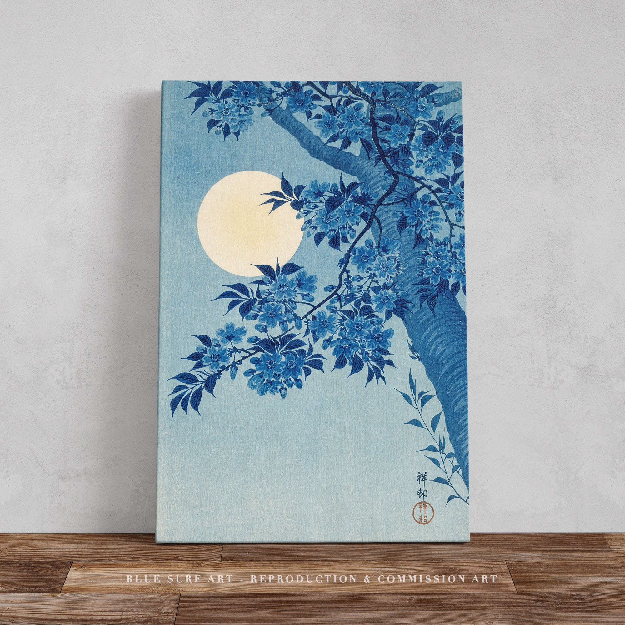 Blossoming Cherry on a Moonlit Night ca. 1932 Ohara Koson Reproduction. Blue Surf Art
