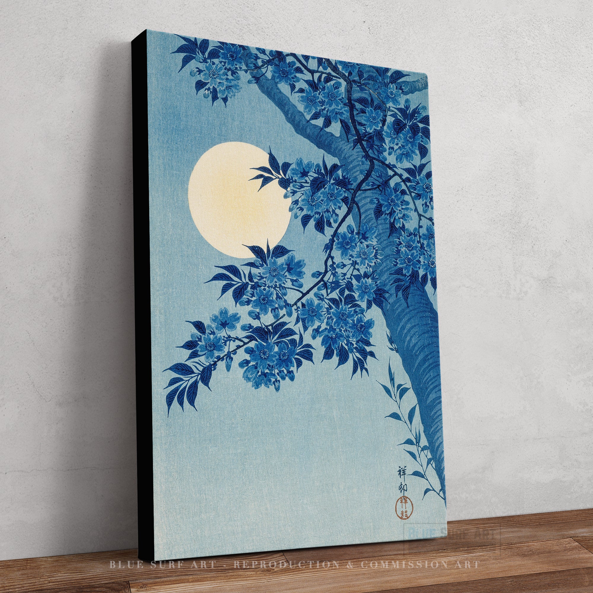 Blossoming Cherry on a Moonlit Night ca. 1932 Ohara Koson Reproduction. Blue Surf Art