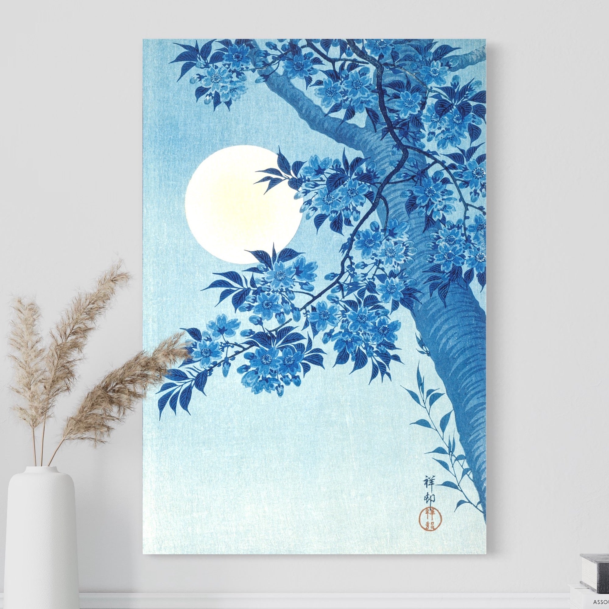 Blossoming Cherry on a Moonlit Night ca. 1932 Ohara Koson Reproduction. Blue Surf Art
