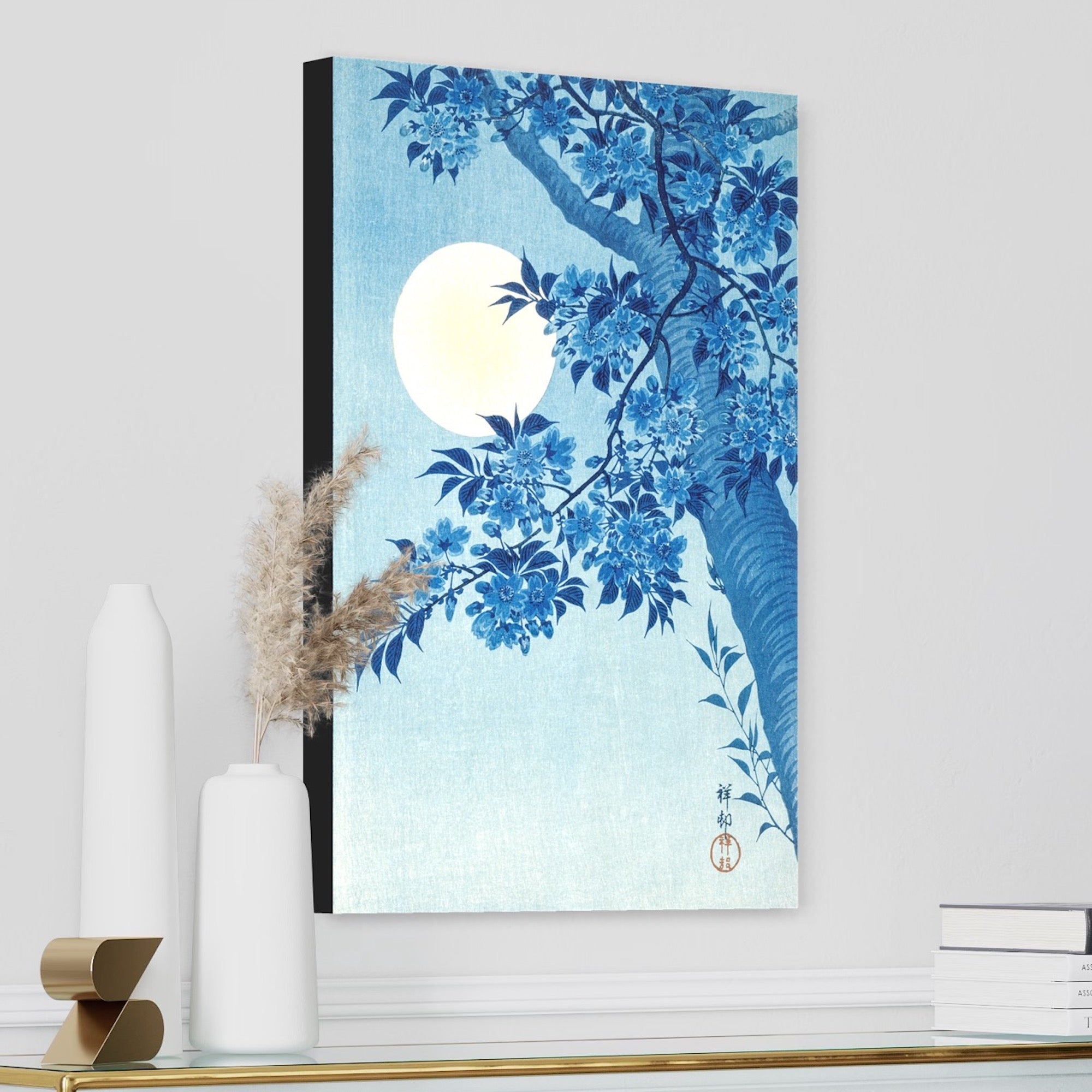 Blossoming Cherry on a Moonlit Night ca. 1932 Ohara Koson Reproduction. Blue Surf Art