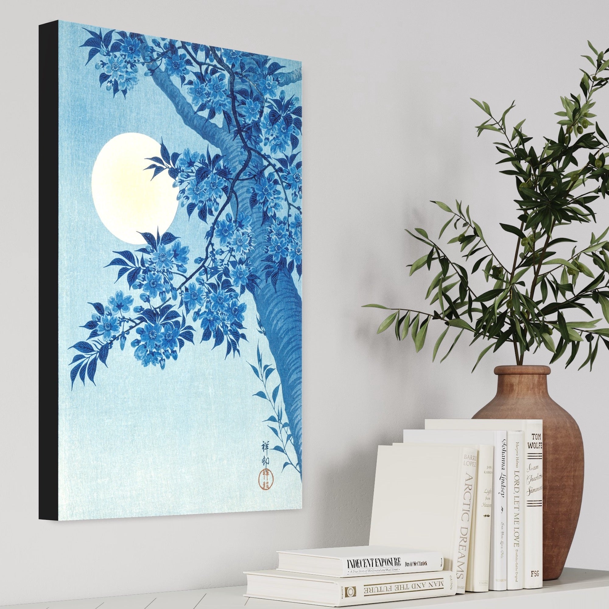Blossoming Cherry on a Moonlit Night ca. 1932 Ohara Koson Reproduction. Blue Surf Art