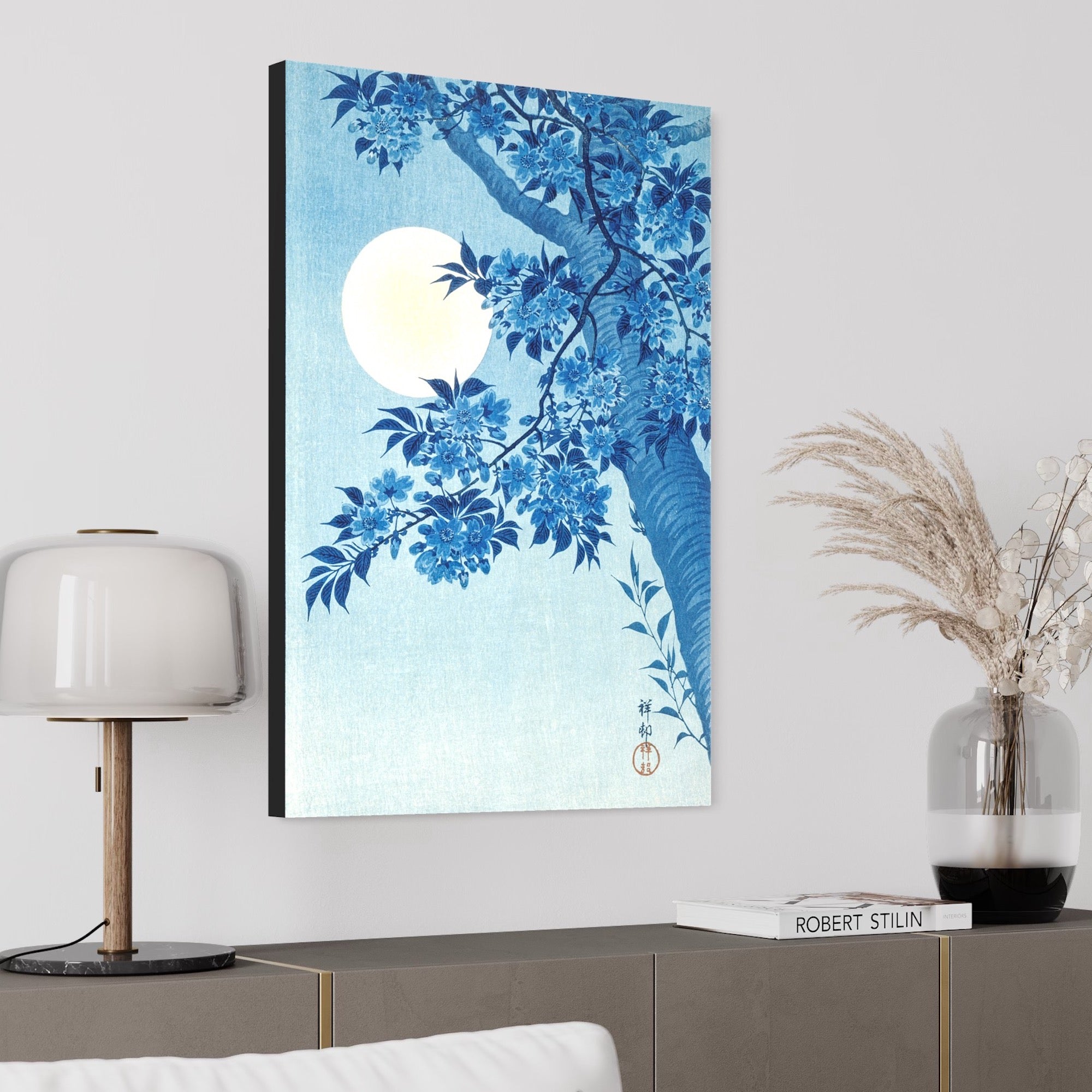 Blossoming Cherry on a Moonlit Night ca. 1932 Ohara Koson Reproduction. Blue Surf Art