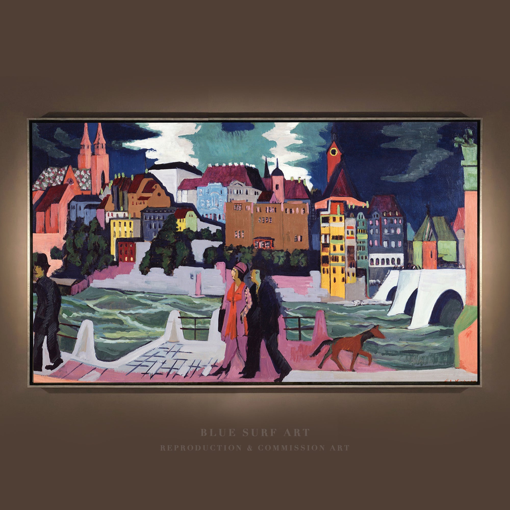 View of Basel and the Rhine Ernst Kirchner Reproduction 100% Hand Painted Art. Textured Art, Oil paints.  Blue Surf Art