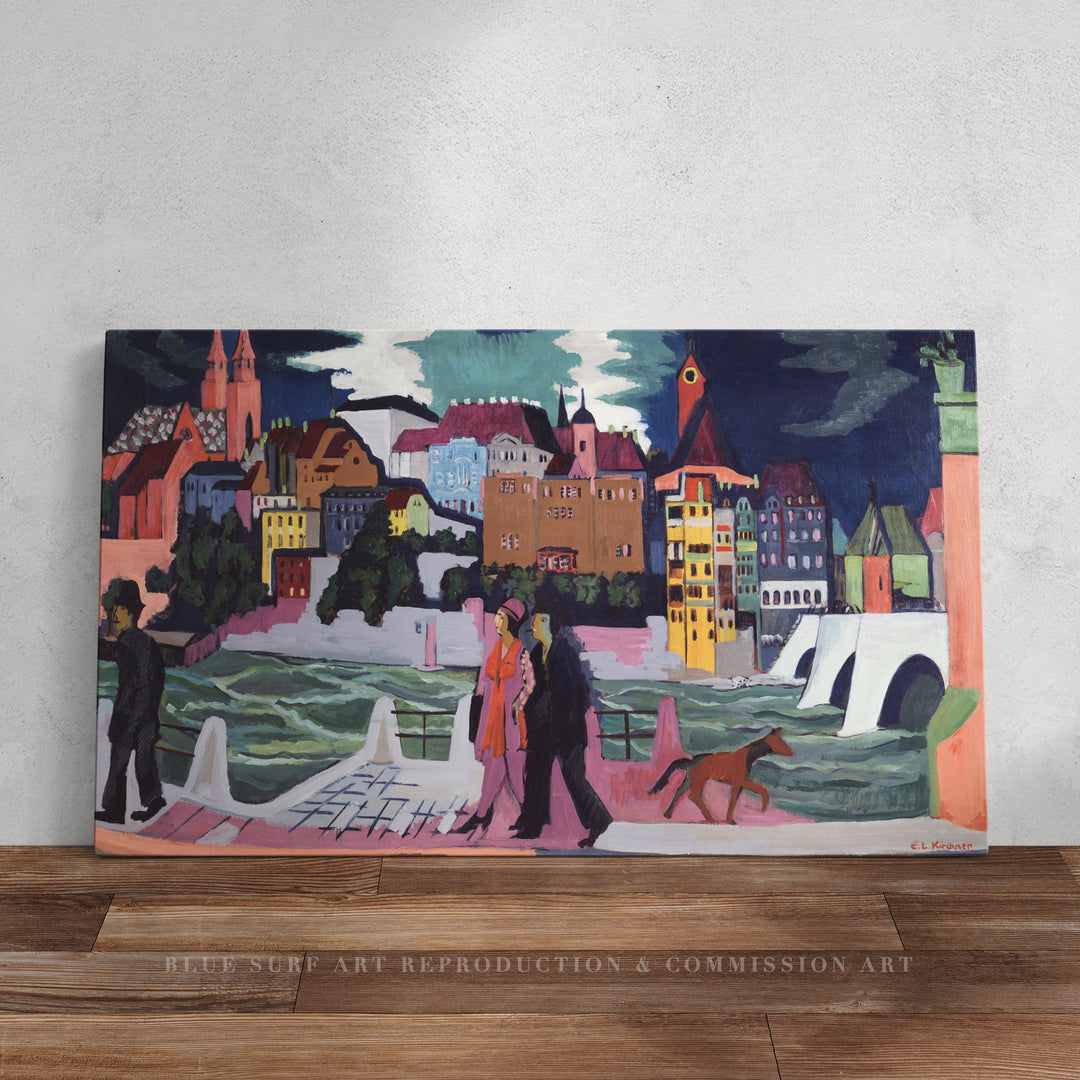 View of Basel and the Rhine Ernst Kirchner Reproduction 100% Hand Painted Art. Textured Art, Oil paints.  Blue Surf Art