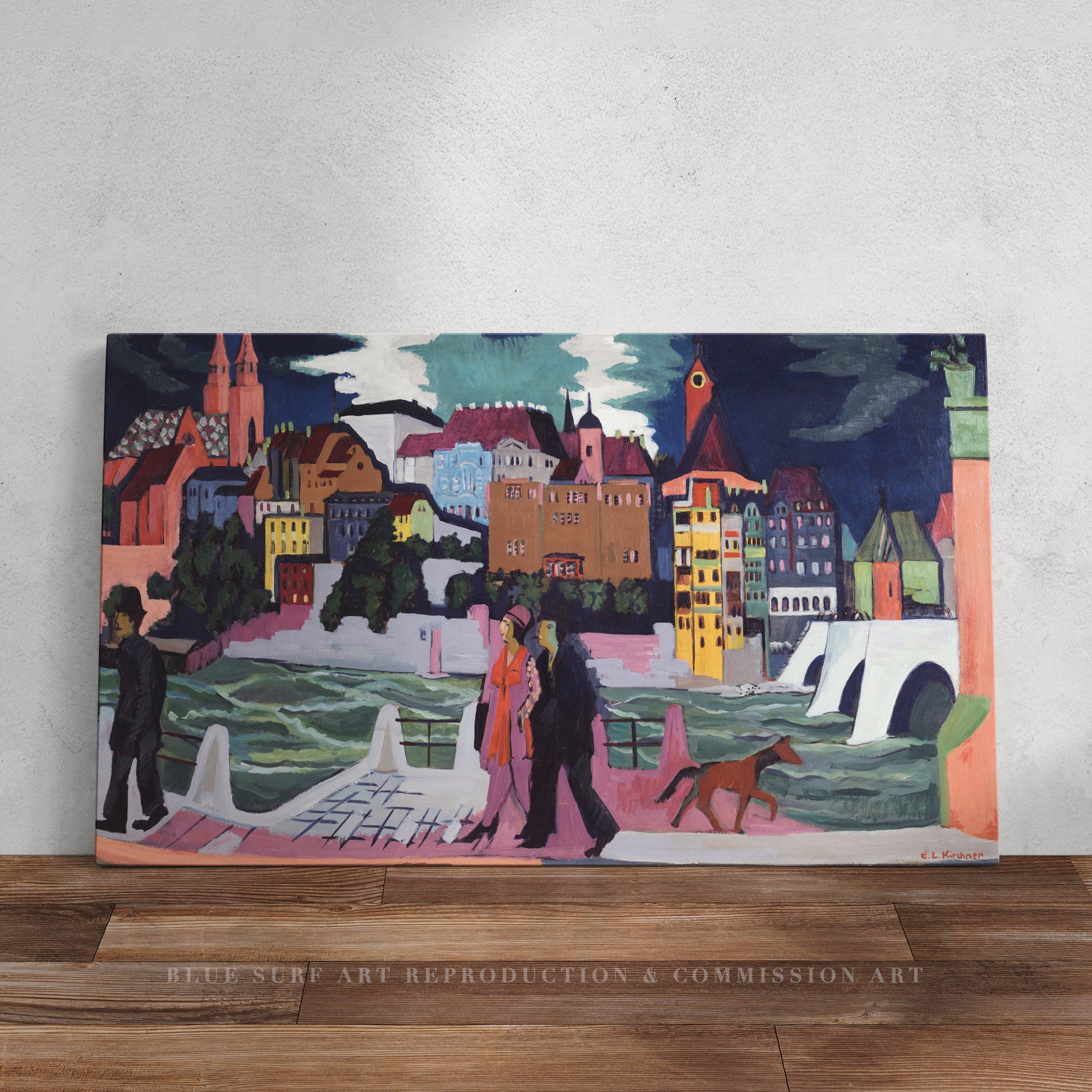 View of Basel and the Rhine Ernst Kirchner Reproduction 100% Hand Painted Art. Textured Art, Oil paints.  Blue Surf Art