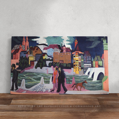 View of Basel and the Rhine Ernst Kirchner Reproduction 100% Hand Painted Art. Textured Art, Oil paints.  Blue Surf Art