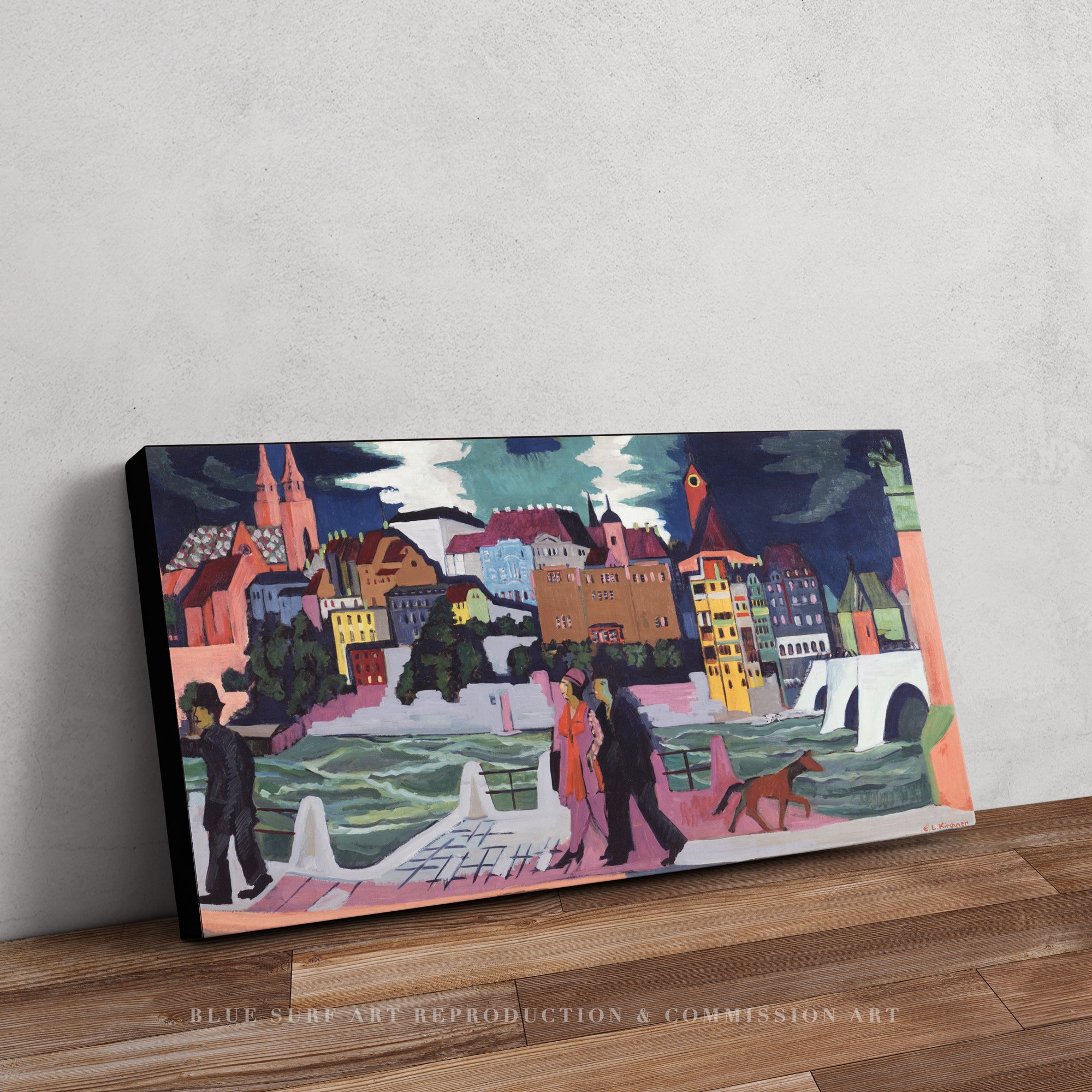 View of Basel and the Rhine Ernst Kirchner Reproduction 100% Hand Painted Art. Textured Art, Oil paints.  Blue Surf Art