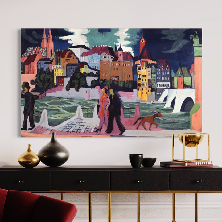 View of Basel and the Rhine Ernst Kirchner Reproduction 100% Hand Painted Art. Textured Art, Oil paints.  Blue Surf Art