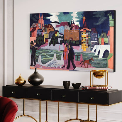 View of Basel and the Rhine Ernst Kirchner Reproduction 100% Hand Painted Art. Textured Art, Oil paints.  Blue Surf Art