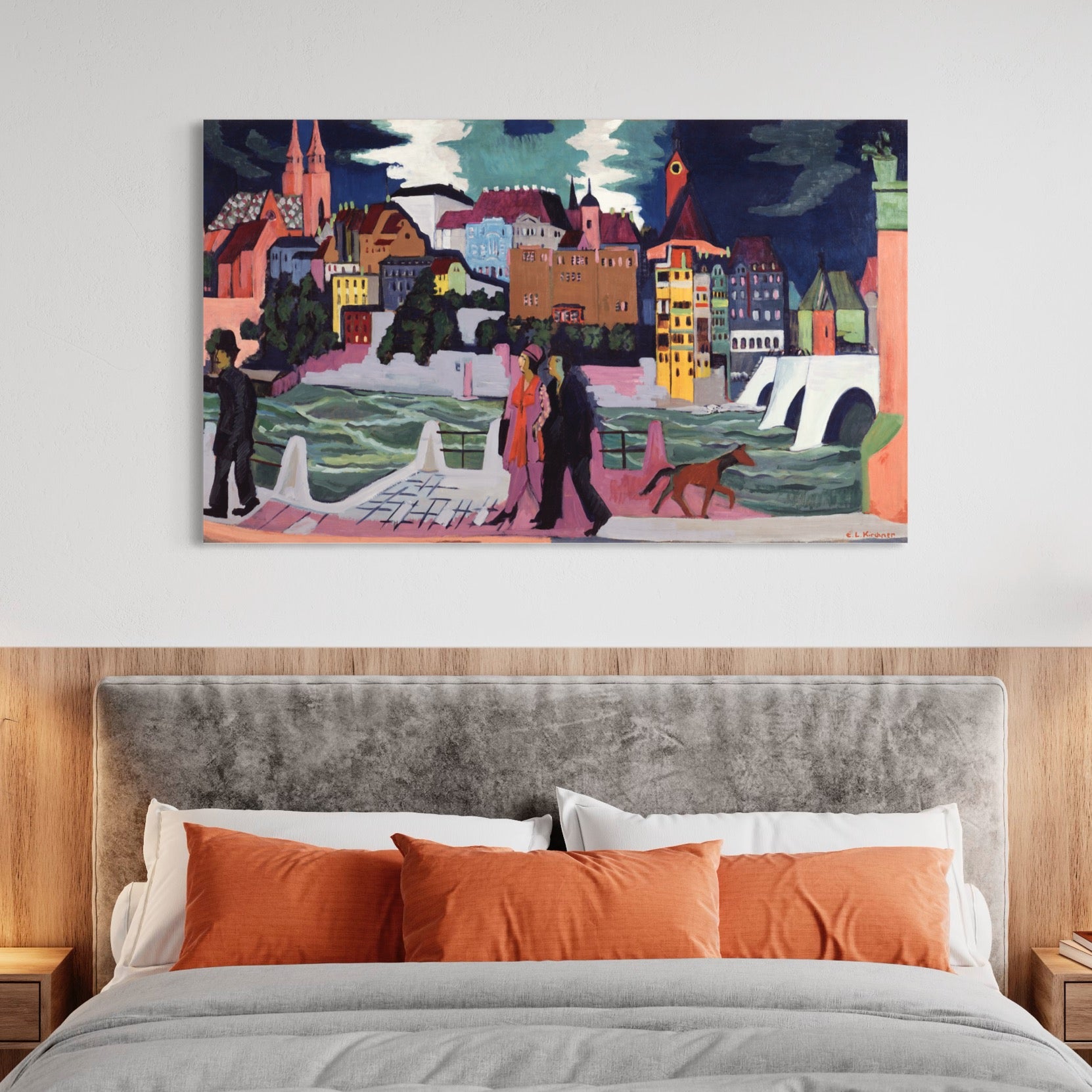 View of Basel and the Rhine Ernst Kirchner Reproduction 100% Hand Painted Art. Textured Art, Oil paints.  Blue Surf Art