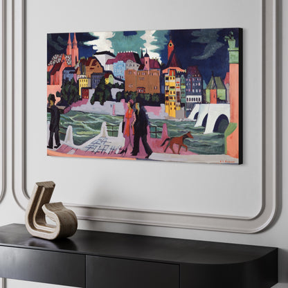 View of Basel and the Rhine Ernst Kirchner Reproduction 100% Hand Painted Art. Textured Art, Oil paints.  Blue Surf Art