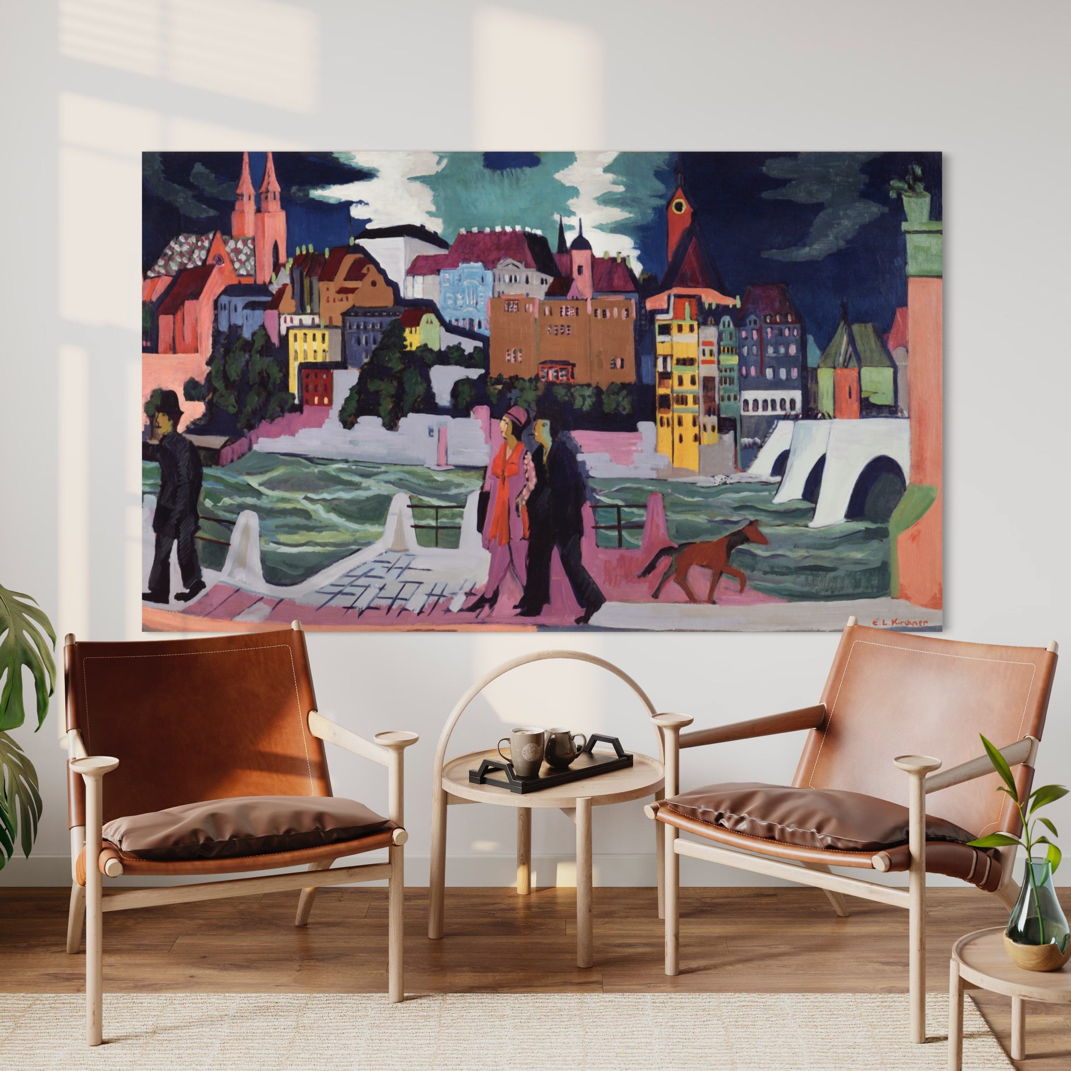 View of Basel and the Rhine Ernst Kirchner Reproduction 100% Hand Painted Art. Textured Art, Oil paints.  Blue Surf Art