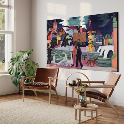 View of Basel and the Rhine Ernst Kirchner Reproduction 100% Hand Painted Art. Textured Art, Oil paints.  Blue Surf Art
