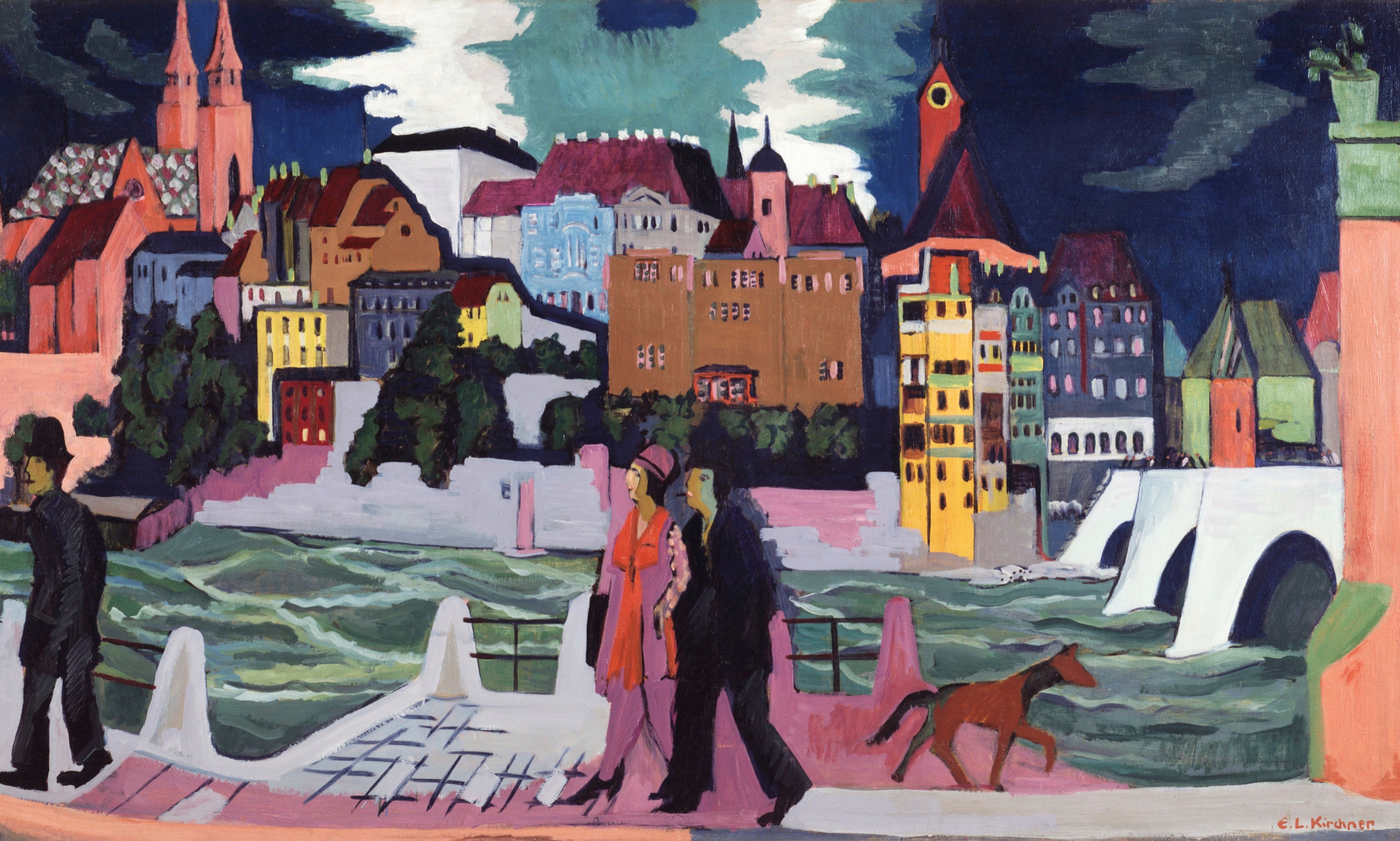 View of Basel and the Rhine Ernst Kirchner Reproduction 100% Hand Painted Art. Textured Art, Oil paints.  Blue Surf Art