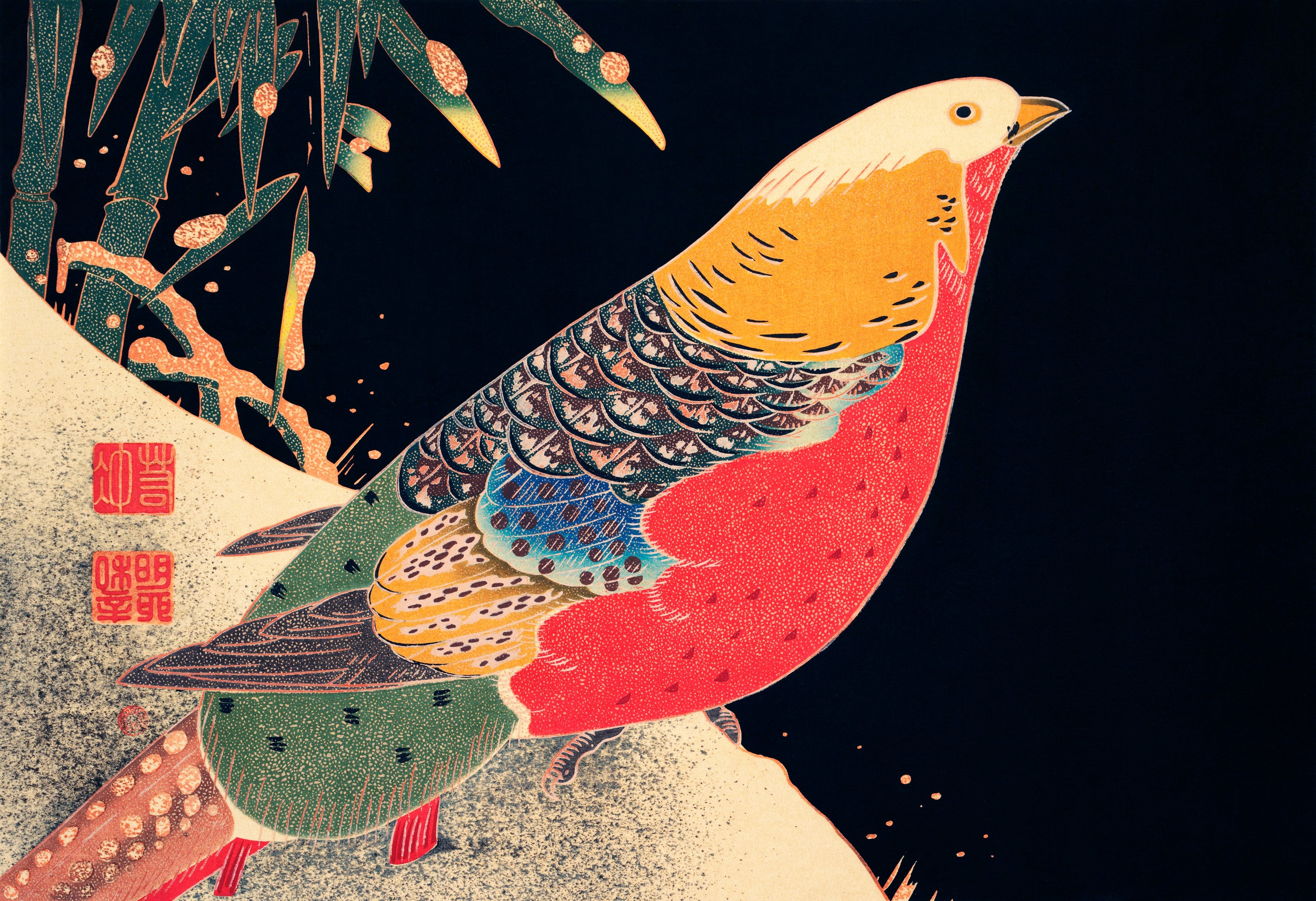 Golden Pheasant in the Snow Painting by Itō Jakuchū. Reproduction oil on canvas. Blue Surf Art