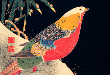 Golden Pheasant in the Snow Painting by Itō Jakuchū. Reproduction oil on canvas. Blue Surf Art